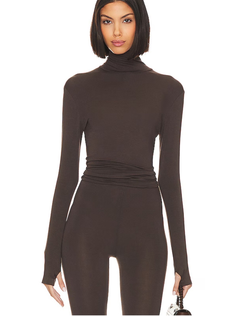 Norma Kamali Slim Fit Long Sleeve Turtle Top Chocolate Brown Revolve M